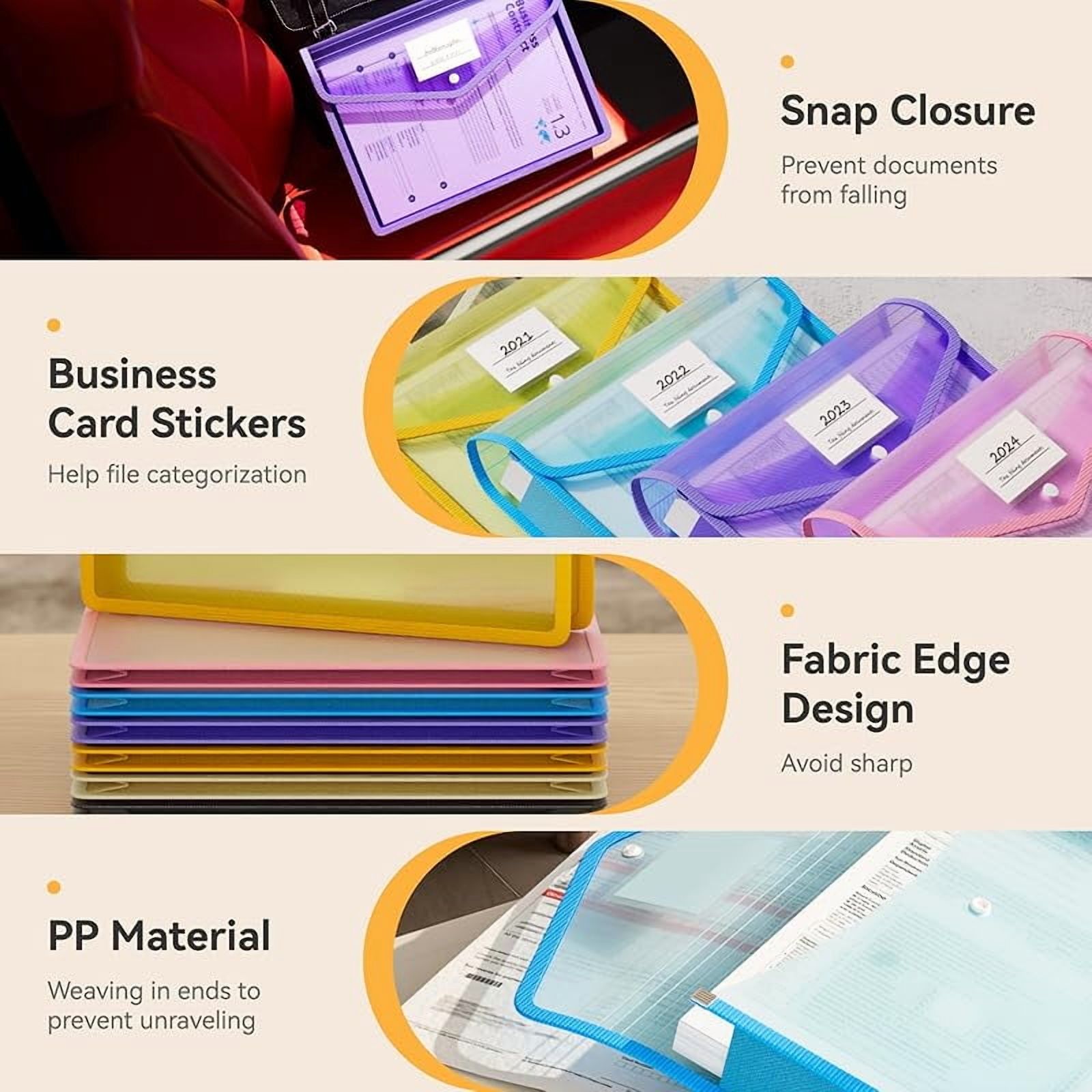 ABC life 6 Pack Plastic Expanding File Folder, Folders for Documents with Snap Closure, Colorful File Folder Organizer Holder, Transparent Accordion File Pouch,Large Capacity, Fit Letter/A4 Size