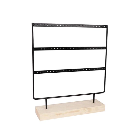 Creative Wrought Iron Earrings Holder with Wood Base Earstuds Display Rack Jewelry Organizer (Black)