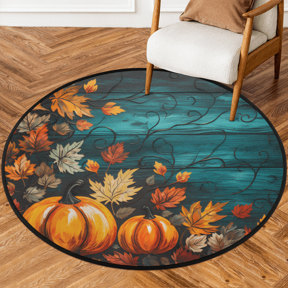 CURLYOOT Round Rug 3ft Fall Farmhouse Area Rug, Washable Circle Mat Non Slip Floor Carpet Mat, Pumpkins Soft Indoor Rugs for Entryway Living Room Dining Room Bedroom