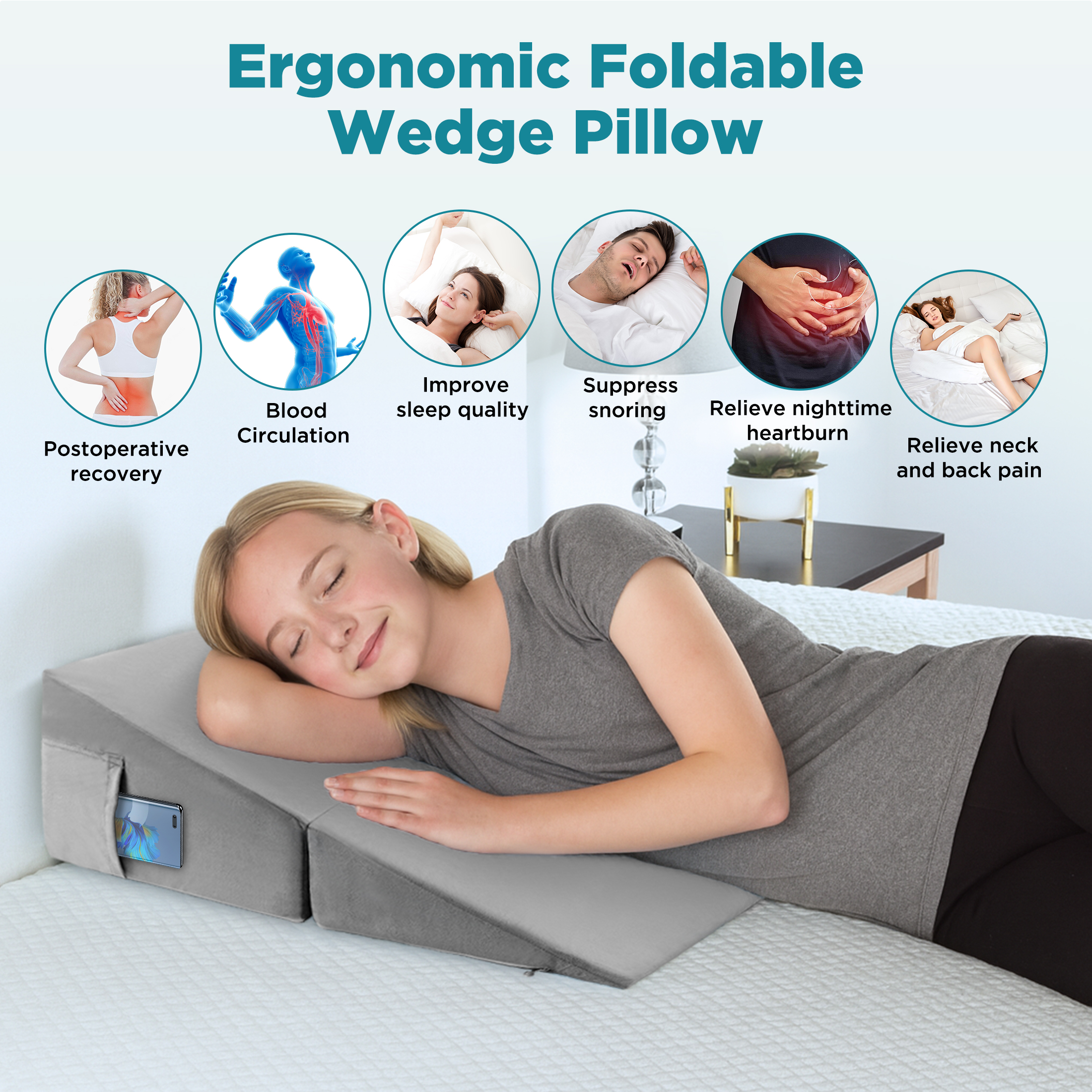 MOONORAH Wedge Pillow for Sleeping,Foldable Bed Wedge Pillow,Orthopedic Memory Foam Triangle Pillows Wedge, for Sleep Apnea, Acid Reflux, Heartburn, Back Pain Relief,Gray