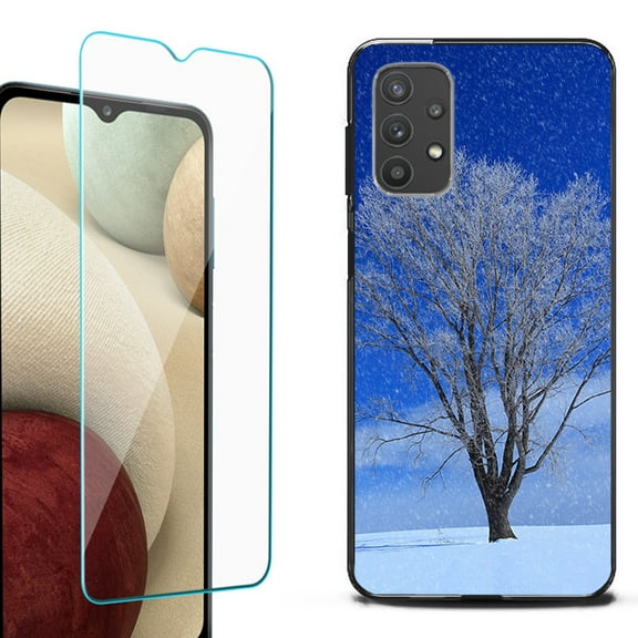 Slim-Fit Flexible TPU Gel Phone Case (black) for Samsung Galaxy A32 5G, with Tempered Glass Screen Protector, by OneToughShield ® - Snowing Tree