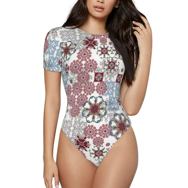Balery Abstract Floral Body de cuello redondo de manga corta para mujer Tops de manga corta Tops básicos-Medium