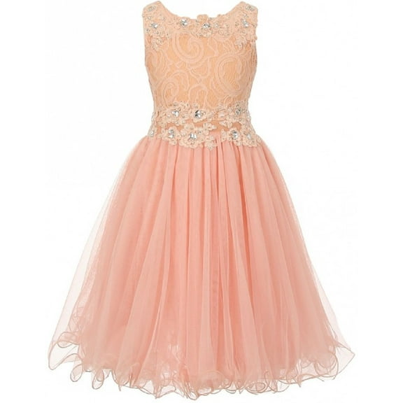 Embroidered Design Rhinestone Princess Little Flower Girls Dresses Peach 4 Size 4-16