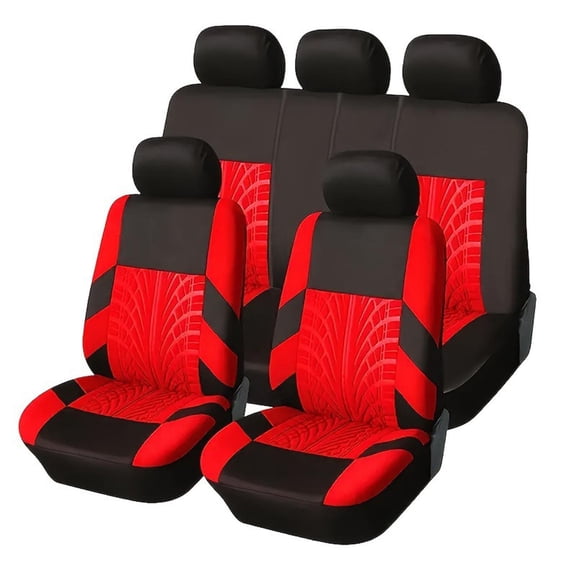 Car Seat Covers Full Set, Front Car Seat Covers, Rear Seat Covers, Tire Tread Embossed, Knit Fabric, Red, 5 Headrests, 9 Set, Plastic Hooks Included, 168 Characters