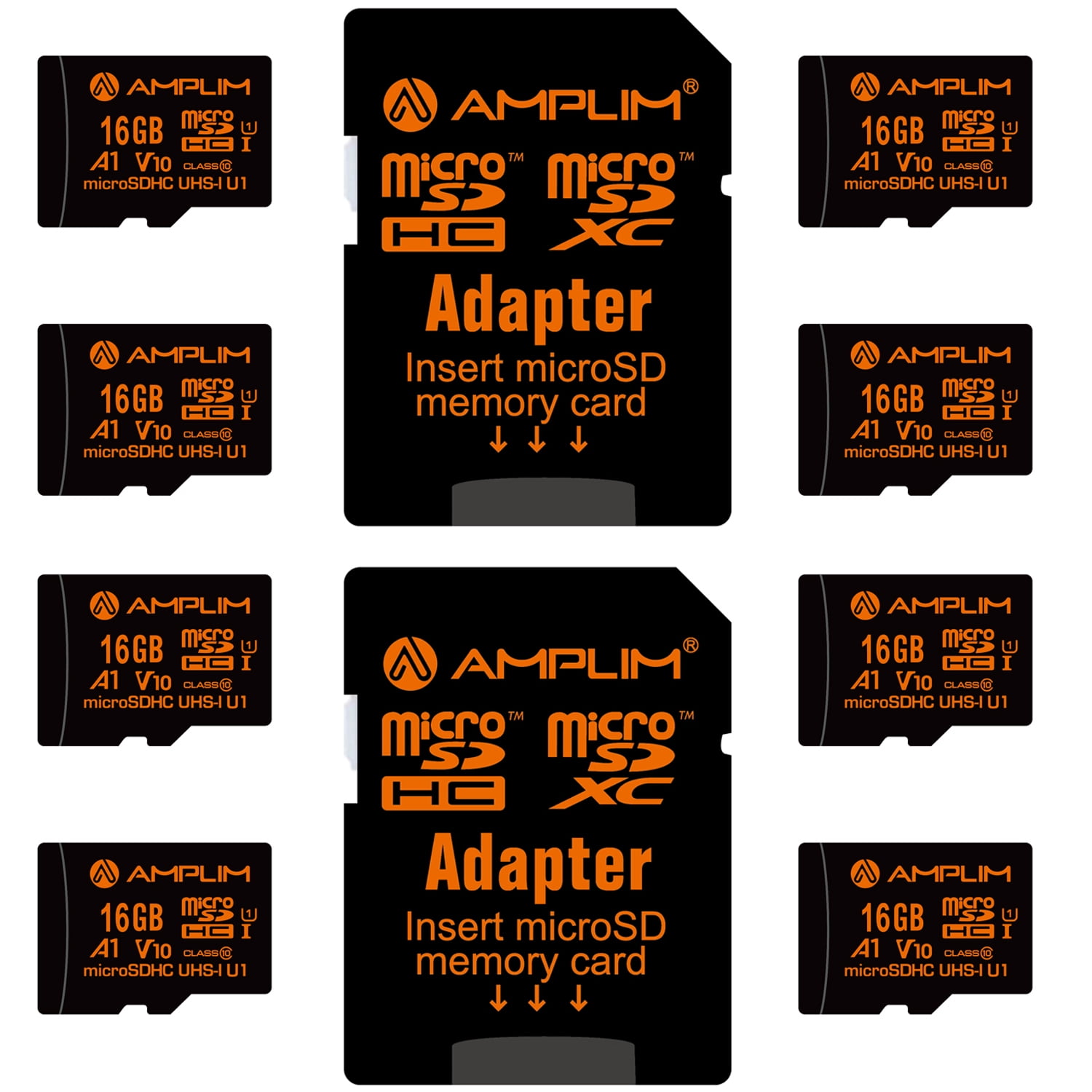 Amplim 16GB Micro SD Card, 8 Pack MicroSD Memory Plus Adapter, MicroSDHC Class 10 UHS-I U1 V10 TF Extreme High Speed Nintendo-Switch, GoPro Hero, Raspberry Pi, Phone Galaxy, Camera Cam, Tablet, PC