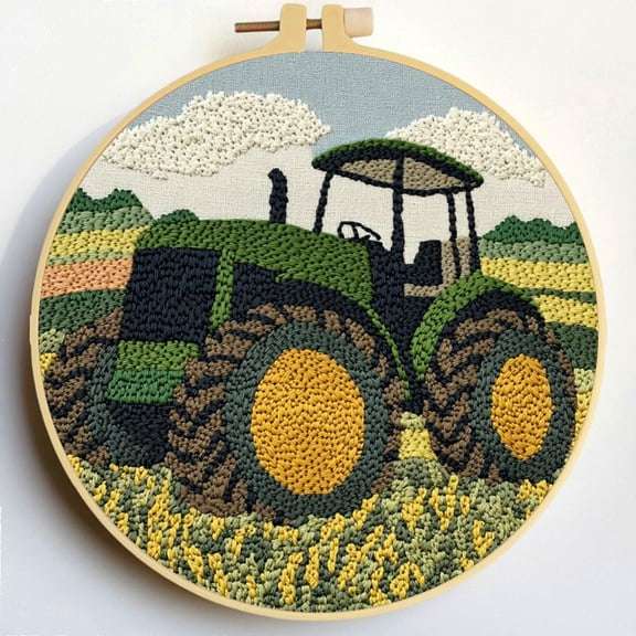 Punch Needle Kits Green Tractor DIY Embroidery Starter Set with Hoop Easy for Beginners Stress Relief Handmade Craft Hobby and Home Decor 20x20cm-3