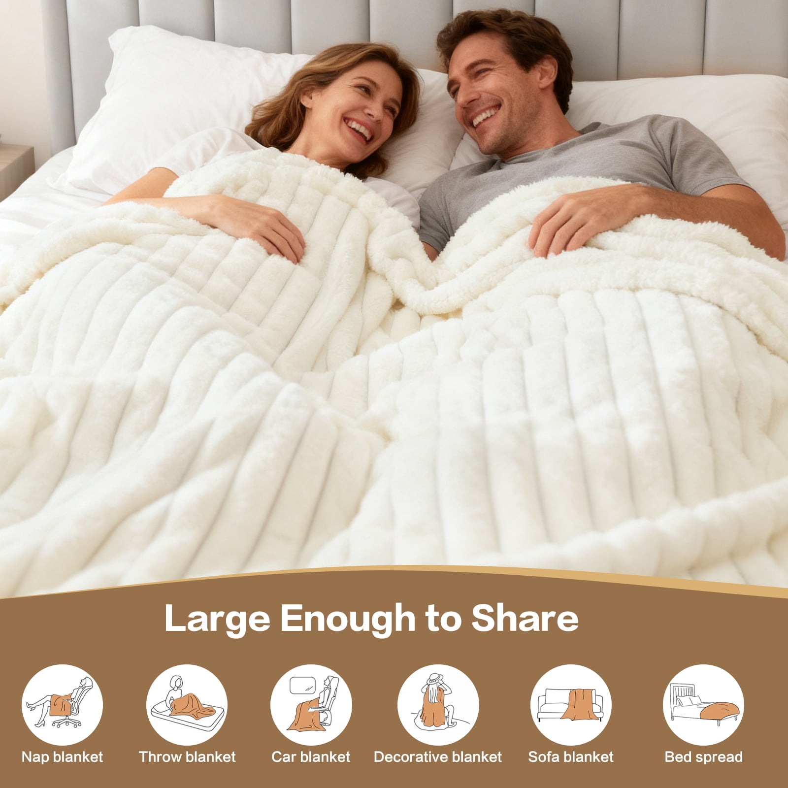 EMONIA White Queen Fleece Blanket for Bed, 320GSM Super Soft Cozy Blankets and Throws, Decorative Throw Blankets for Women Men Gifts, Throws with Stripes for Sofa Bed Decor, 90''x90''