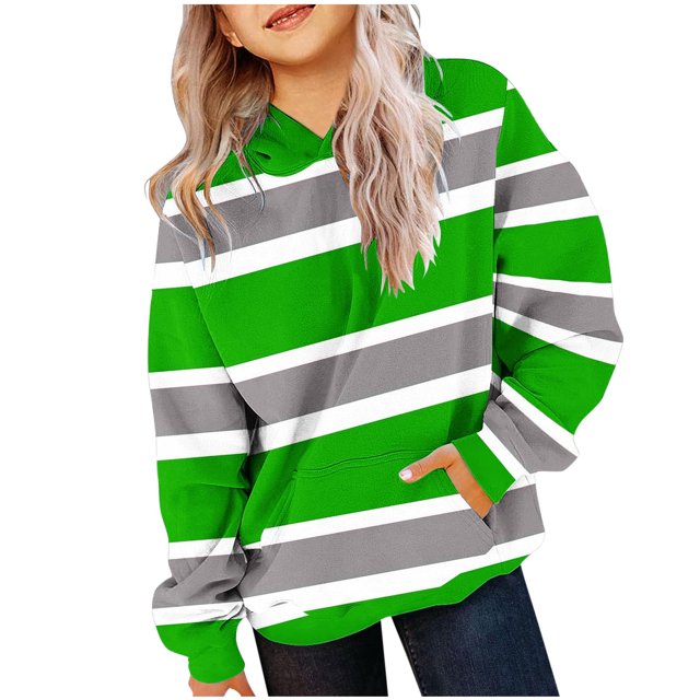 Milgrthf Stripes Hoodies for Tween Girls Color Block Casual Long Sleeve Y2k Fall Sweatshirts with Pocket Green 4 Years