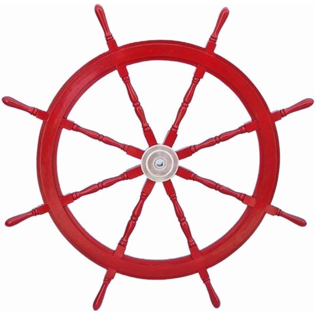 Hampton Nautical Deluxe Class Dark Red Wood and Chrome Decorative Ship Steering Wheel 48" - ating