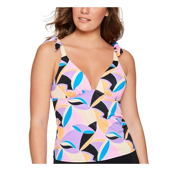 SALT   COVE Women's Multi Color Printed Stretch Push-Up Open-Back Lined Deep V Neck Tie Kaleidoscope Tankini Swimsuit Top XS