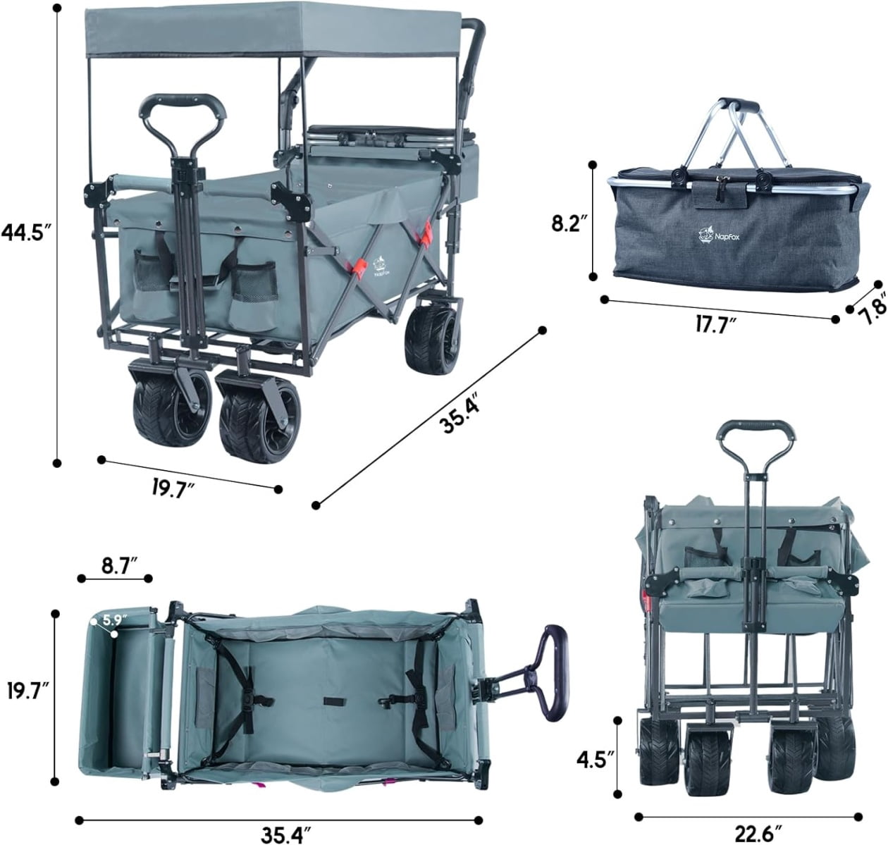 Collapsible Wagon Wagon Cart with Removable Canopy, Heavy Duty Foldable Beach Wagon with  All Terrain Wheels and Brake, Adjustable Push Pull Handle, 220LBS Cooler Bag Utility Carts for Outdoor, Gray