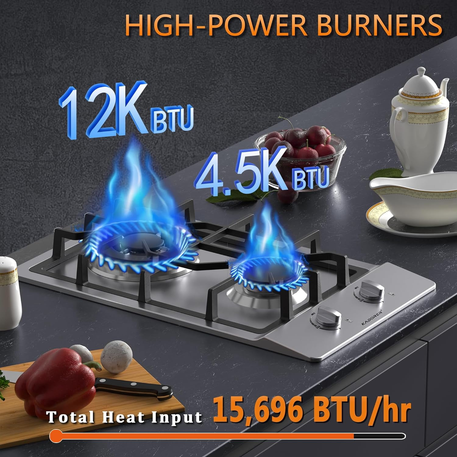 Gas Cooktop 12 inch, Adorer Bulit-in Gas Stove Top with 2 Burner, 12 Inch NG/LPG Convertible Cooktops, Dual Burner Propane Cooktop with Thermocouple Protection, Stainless Steel