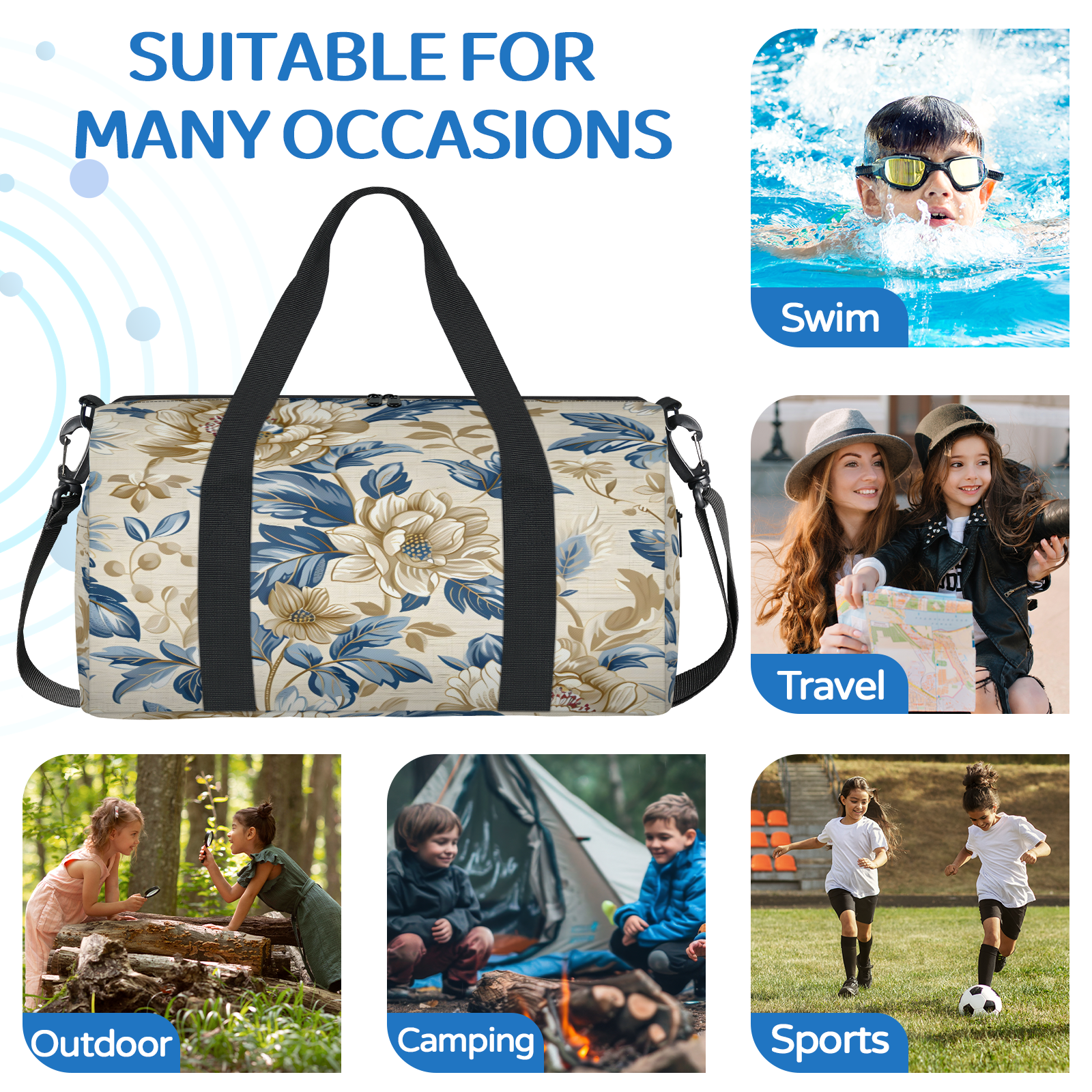 Herdesigns Flower Vintage Travel Duffle Bag Sports Yoga Weekender Overnight Carry on Workout Bags Lightweight Waterproof Gym Tote Bag for Women