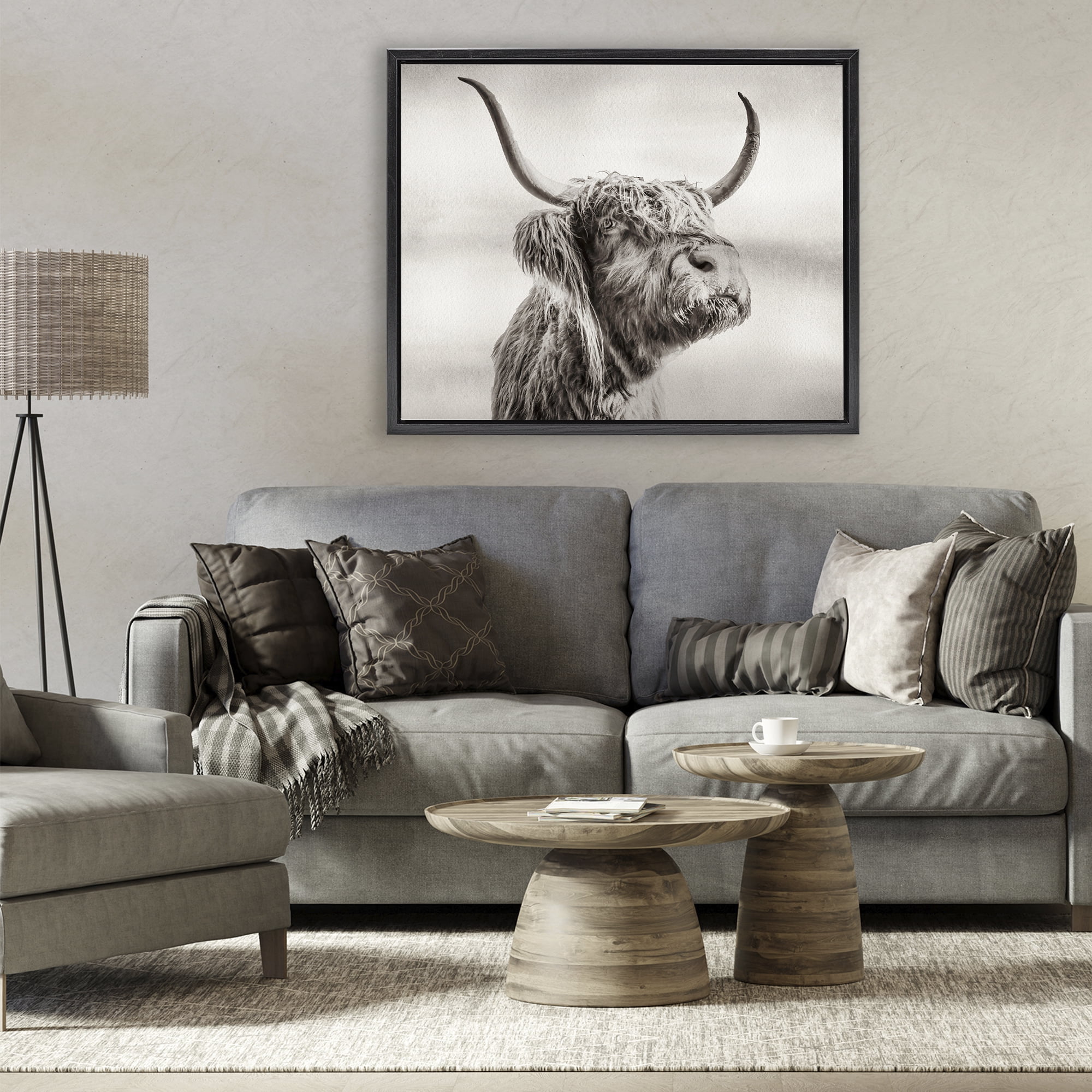 Stupell Industries Horned Highland Cow Gazing Black Framed Floater Canvas Wall Art, design by Julia Frost