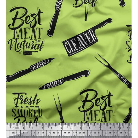 Soimoi Green Poly Georgette Fabric Text & Knife Kitchen Print Fabric by the Yard 42 Inch Wide