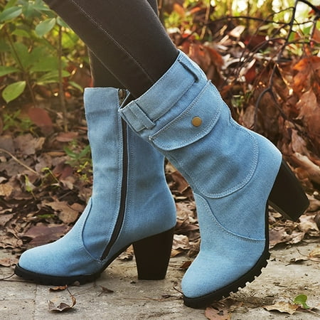 

TALKVE European And American Style Large Size High Heel Denim Mid-Tube Women s Boots