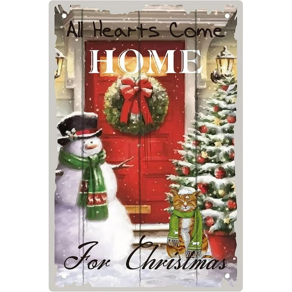 1pcs Christmas Metal Sign All Hearts Come Home for Christmas Tin Sign Snowman Cat Vintage Retro Plaques Poster for Bar Cave Home Cafe Yard Wall Decoration 12 x 8 Inch