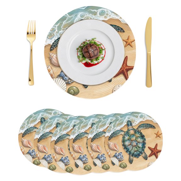 Round Placemats Coastal Beach 15 inch Set of 6 Table Mats for Dining Table Summer Nautical Turtle Shell Coral Starfish Heat Resistant Non-Slip Kitchen & Home Decorative Place Mat Set