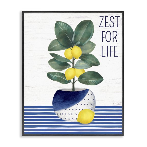 Stupell Industries Farmhouse Zest For Life Lemon Plant Blue Stripes Black Framed Giclee Art, 11 x 14, by Jennifer Pugh