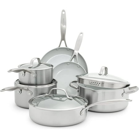 

Venice Pro -Ply Stainless Steel Healthy Ceramic Nonstick 10 Piece Cookware Pots and Pans Set PFAS-Free Multi Clad Induction Dishwasher Safe Oven Safe Silver