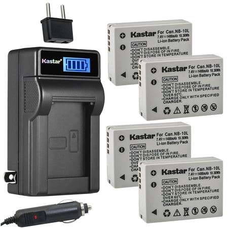 Kastar 4-Pack NB-10L Battery and LCD AC Charger Compatible with Canon PowerShot G1 X  PowerShot G3 X  PowerShot G15  PowerShot G16  PowerShot SX40 HS  PowerShot SX50 HS  PowerShot SX60 HS Cameras