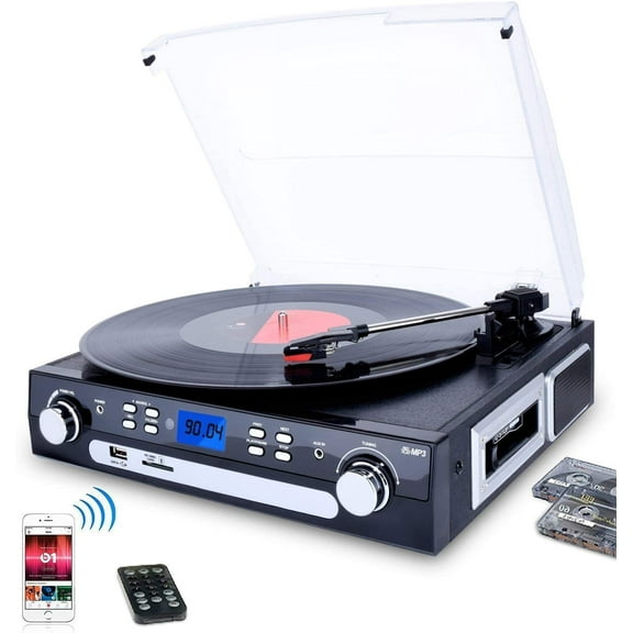 EYESEN Vinyl/LP Turntable Record Player,Bluetooth, AM&FM Radio, Cassette Tape, Aux in, SD Encoding & Playing MP3/ Built-in Stereo Speakers, 3.5mm Headphone Jack, Remote and LCD