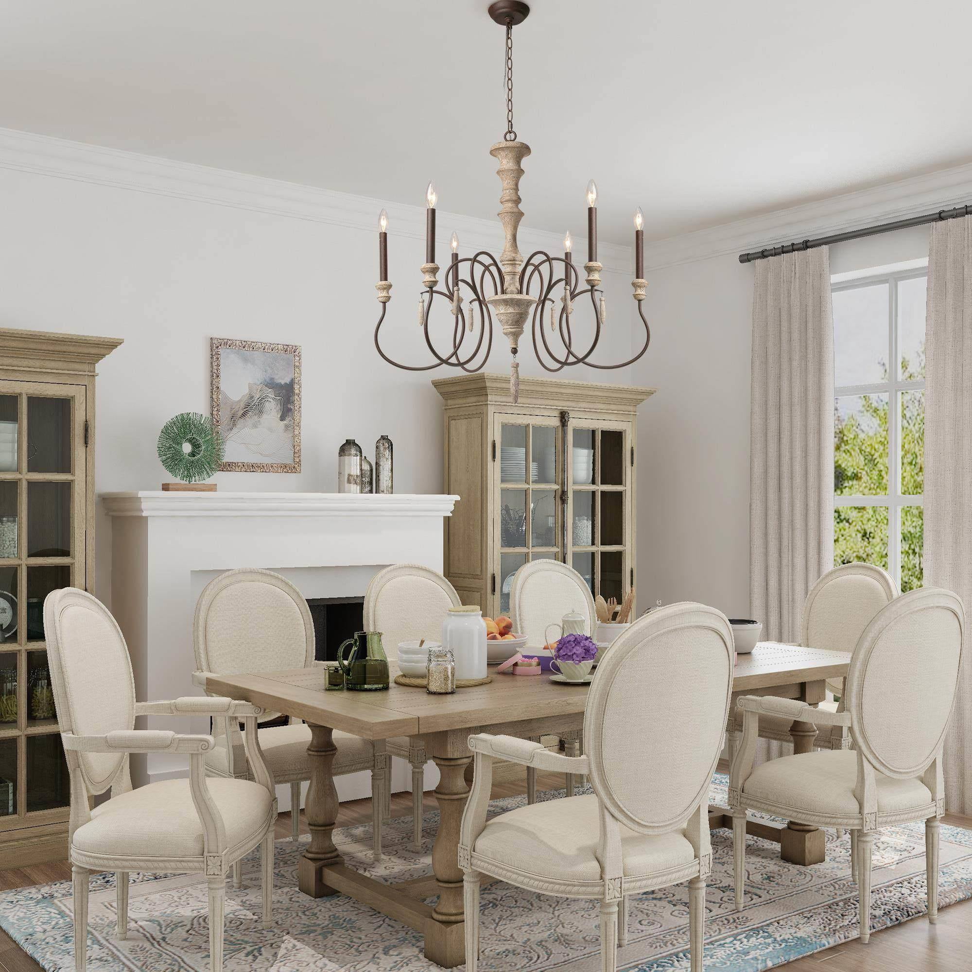 LNC Lupus 31'' Large 6 -Light Distressed Off-white Metal Wood Chandelier