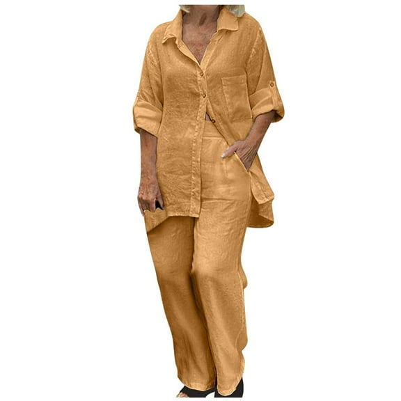 Scyoekwg Two Piece Outfits for Women Cotton Linen Outfits Plus Size Solid Color Turndown Collar Rollable Long Sleeve Shirts and Baggy Pants Trousers Set with Pockets Matching Outfits Khaki XXXL