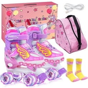 Hozzen Kids Roller Skates for Girls, 4 Sizes Adjustable LED Light Up Girl Roller Skates for Toddlers, Unicorn Pink Shiny Illuminating Wheels Skates, Size M (12C-2Y)