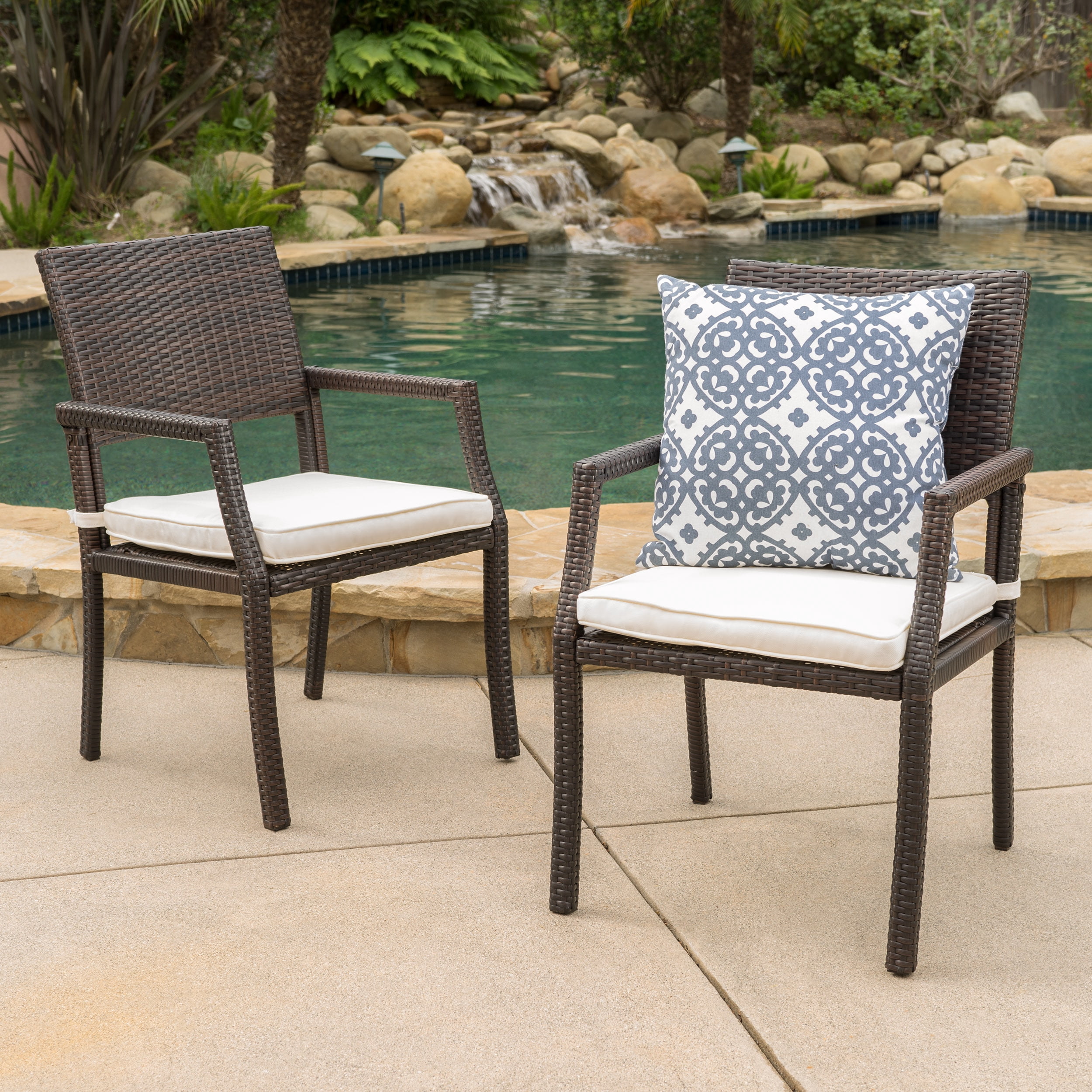 Outdoor Wicker Frame Dining Chair Set of 2, Household Leisure Seats for Patio Garden, White