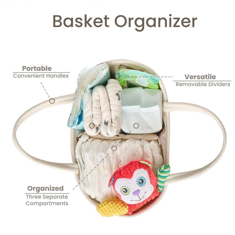 Nappy Caddy, Cotton Rope Baby Storage Basket for Newborn Essentials Portable Organiser with Detachable Compartments for Changing Table, Nursery or Car