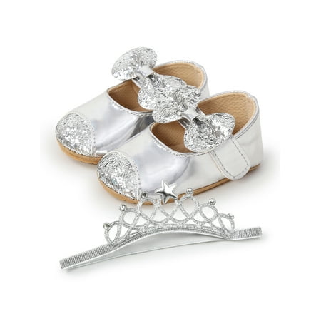 

Woobling Infant Princess Shoes Bow Sandals Rubber Soft Sole Dress Sandal Casual Loafers Comfortable First Walking Shoe Glitter Lightweight Silver With Hair Band 5C