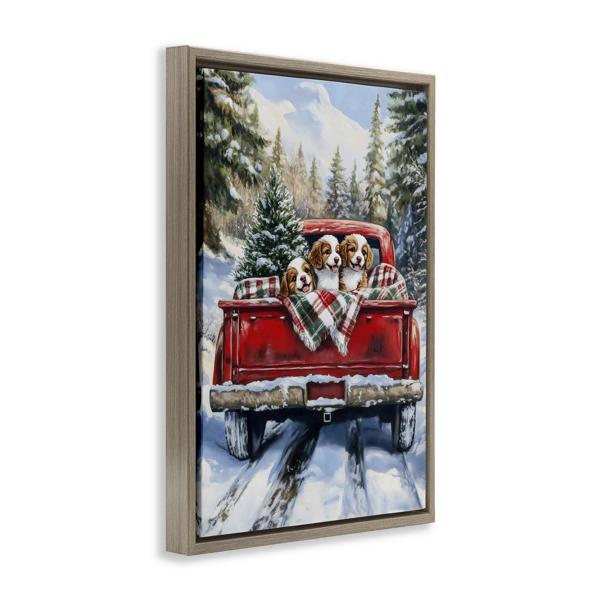Christmas Truck Pups Trio Brown Framed Floater Canvas Wall Art, design by Petal Prints Design