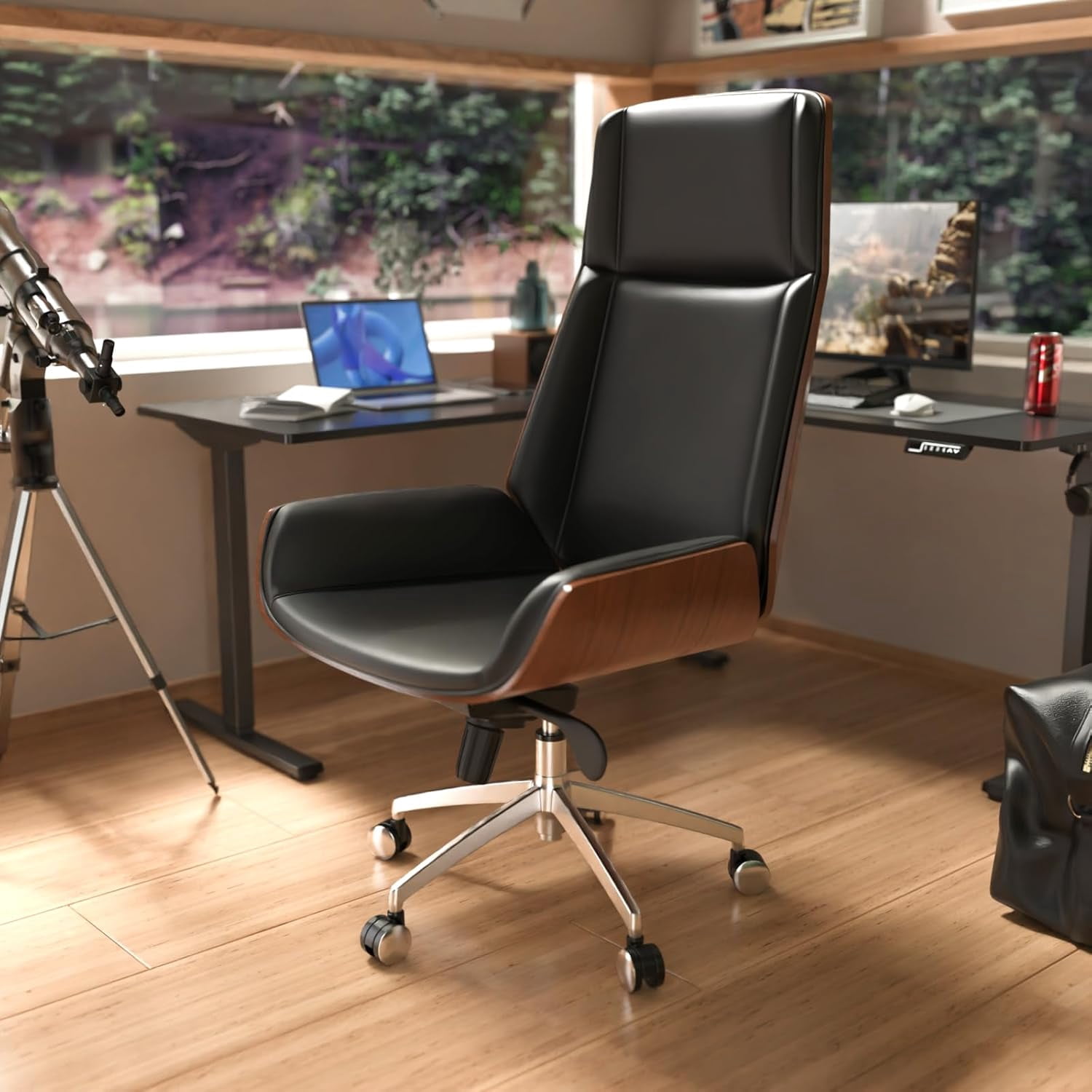FOH Adult Wood High Back Indoor Commercial Swivel Executive Desk Chair, Black