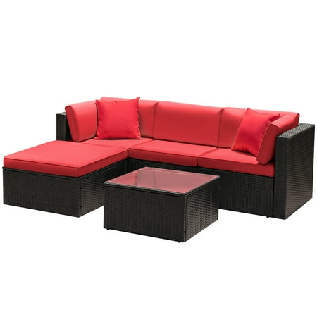 Lacoo 5 Pieces Patio Sectional Sofa Sets All-Weather PE Rattan Conversation Sets With Glass Table Red