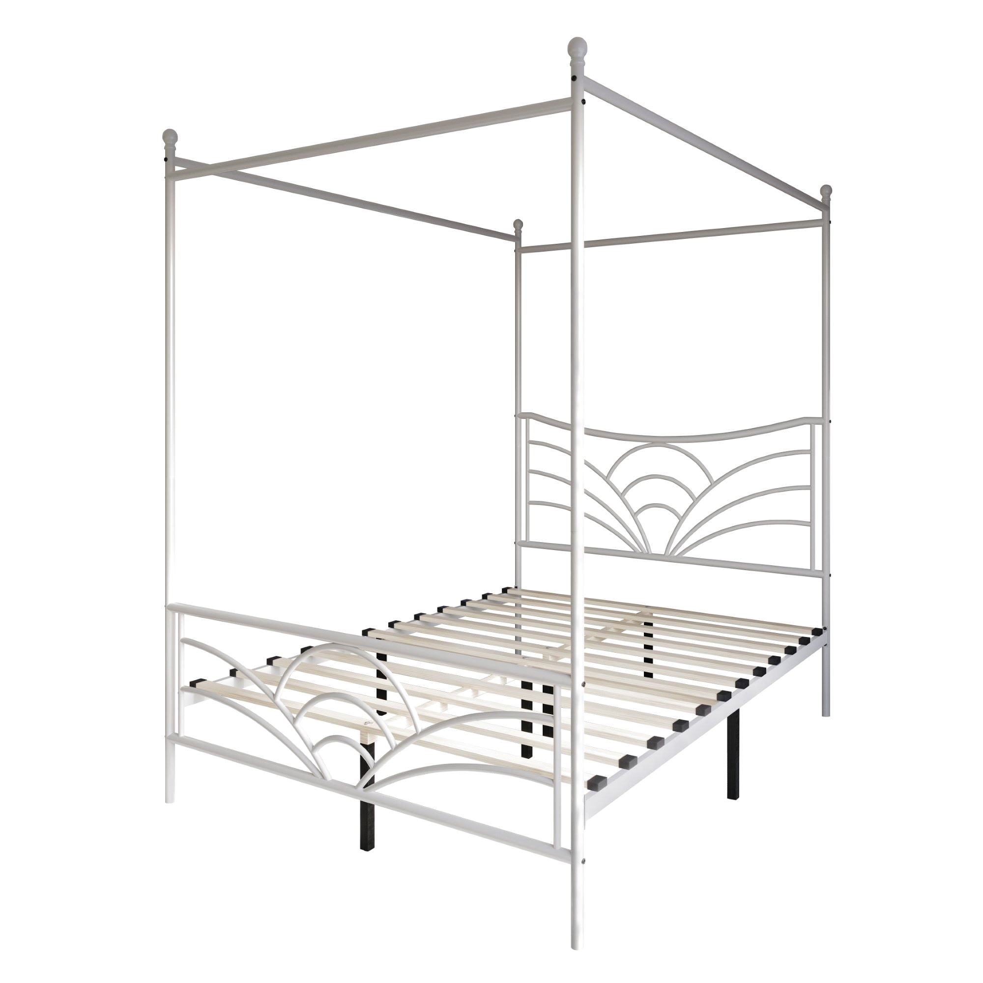 Home Design Denver Full Metal Canopy Bed Frame with Arched Headboard and Central Support Leg, White, Easy Assembly