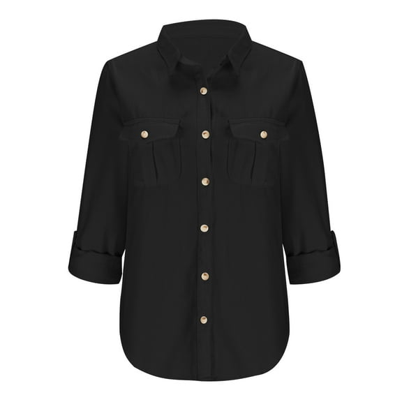 Casual Denim Shirt Women Lapel Button Down Jean Top Casual Long Sleeve Solid Color Coat Jackets with Pockets (Black L)