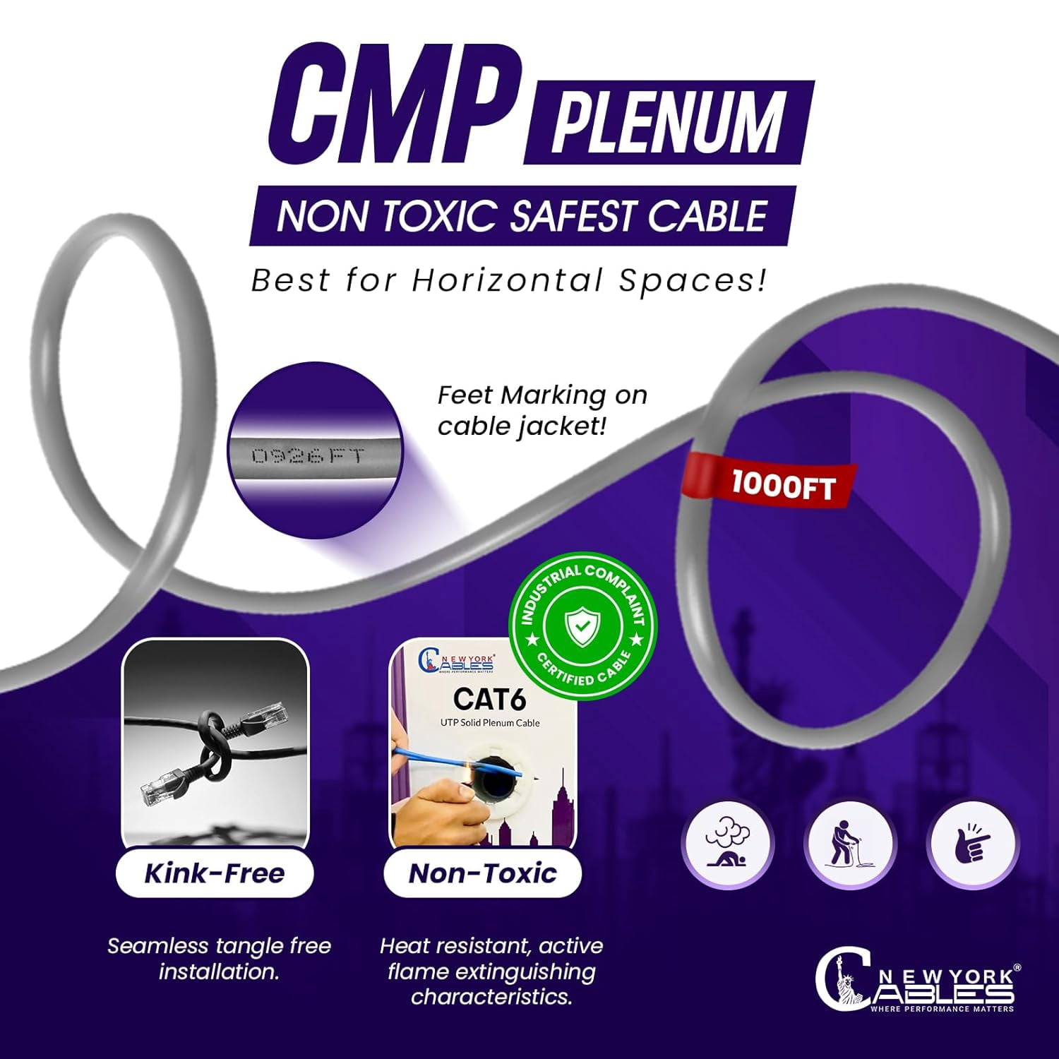 NewYork Cables Cat6 Plenum CCA 1000ft Bulk Ethernet Network LAN Cable UTP 4Pairs 550MHz 23AWG Grey