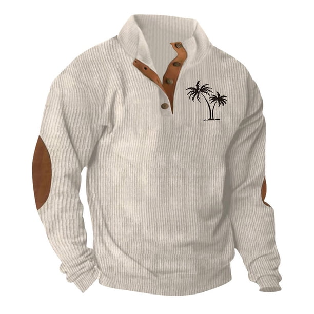Blusa y camisa de manga larga con cuello alto para hombre, estilo casual, con estampado de palmeras color cacao, deportiva, con cuello alto, botones y patchwork, de poliéster.