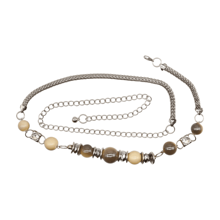 Women Silver Metal Chain Beaded Belt Gray Cream Beads S M  display picture 2