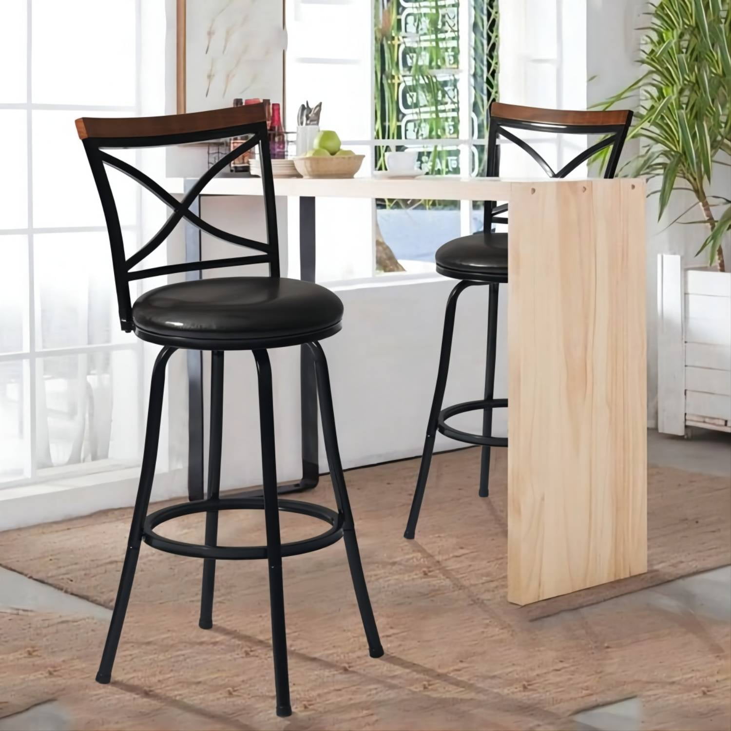 Set of 2 Counter Height Swivel Bar Stools Dining Chairs, Industrial PU
