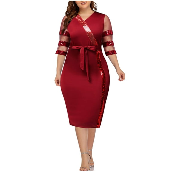 Lilgiuy Women Casual Print Gauze Splicing Straps Sequins Loose Three Quarter Sleeves Sleeve Round Neck Dress Red Fall for 2022 Spring Winter