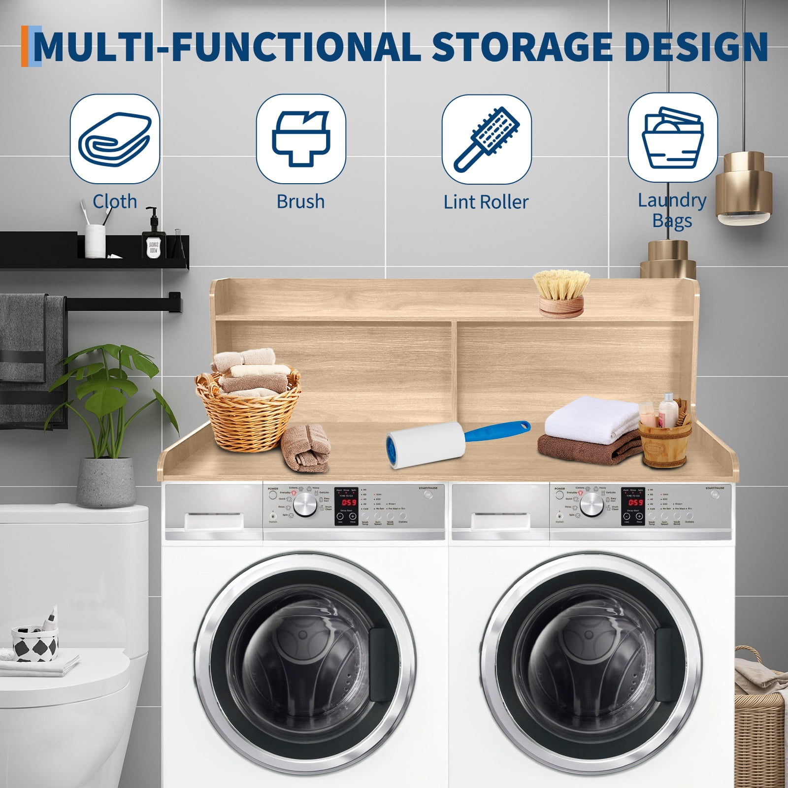 Washer Dryer Countertop, 2-Tier Washer Dryer Countertop Shelf Organizer, Washer and Dryer Topper with Storage Shelf for Laundry Room Organization,54" x 27.55"