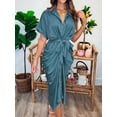 thumbnail image 4 of Blue Green Satin Shirt Dress With Ruched Waist And Self-Tie Belt, 4 of 5
