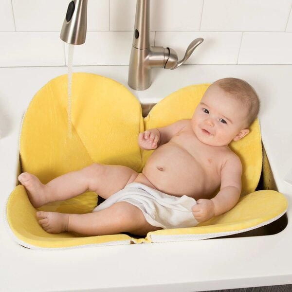 Blooming Bath Poppy Baby Bath Seat - Minky Baby Bathtub, Fits Most Sinks - Newborn to 6 months - Baby Essentials - Baby Gifts - Washer Safe - 30" - Yellow