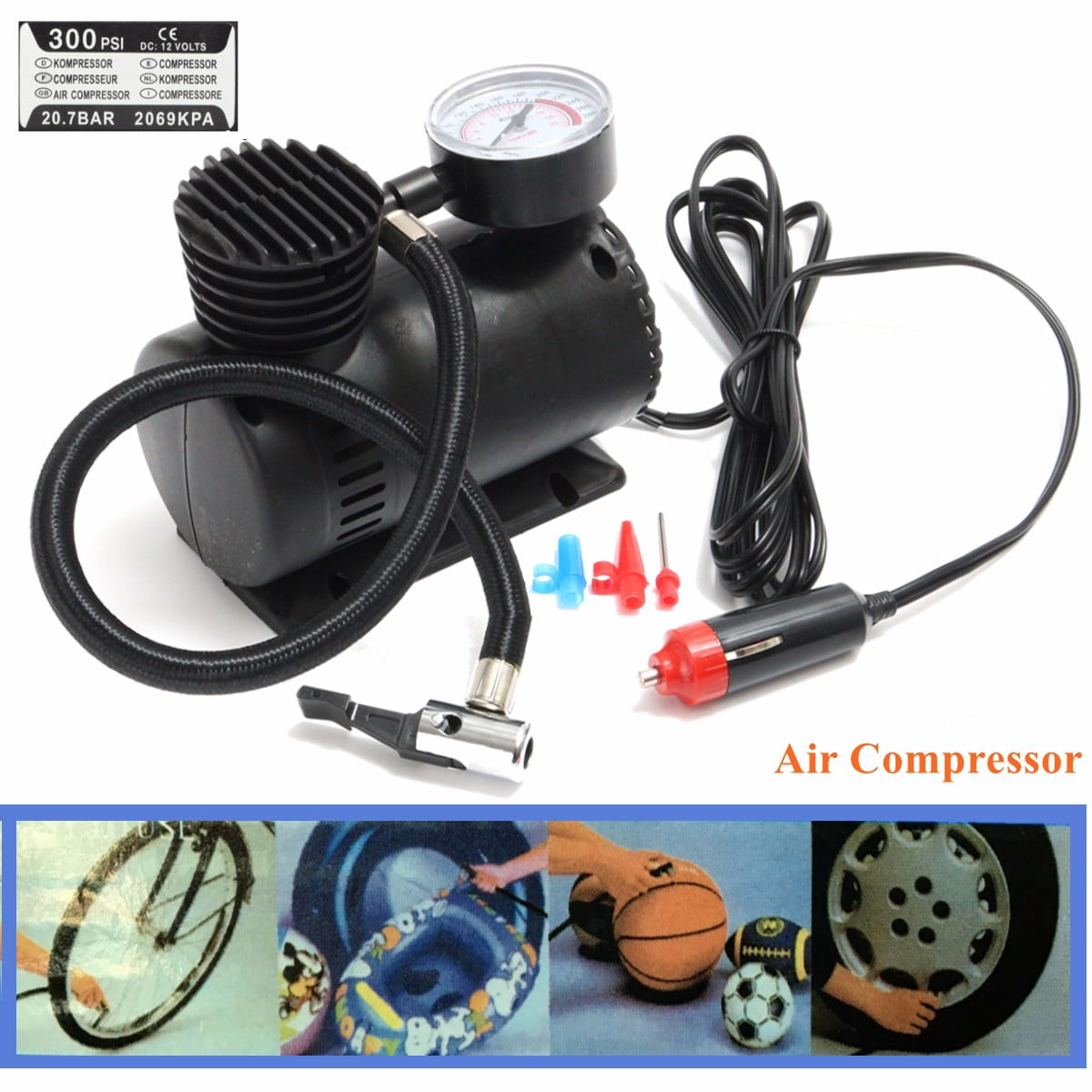 L-DiscountStore 12v Air Compressor Motorbike Hand Held Pump Portable Air Pump with Pressure Gauge Battery for Basketball Electric Tire Inflator Cars 