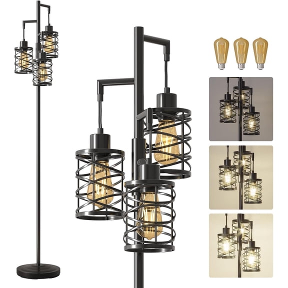 70" Industrial Floor Lamp, Stepless Dimmable Standing Lamp with 3 Bulbs, Farmhouse Corner Standing Tree Lamp for Living Room, Tall Lamps for Bedroom, Office, Study Room