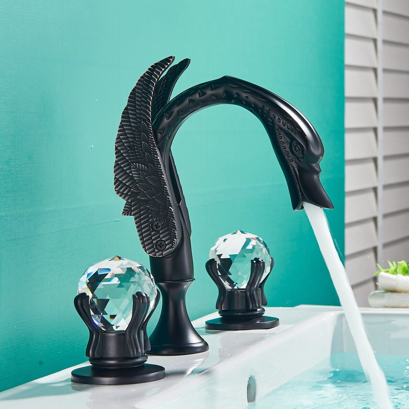 Luxury Bathroom Faucet 8 in Widespread Black Swan Basin Faucet w/Crystal Handles