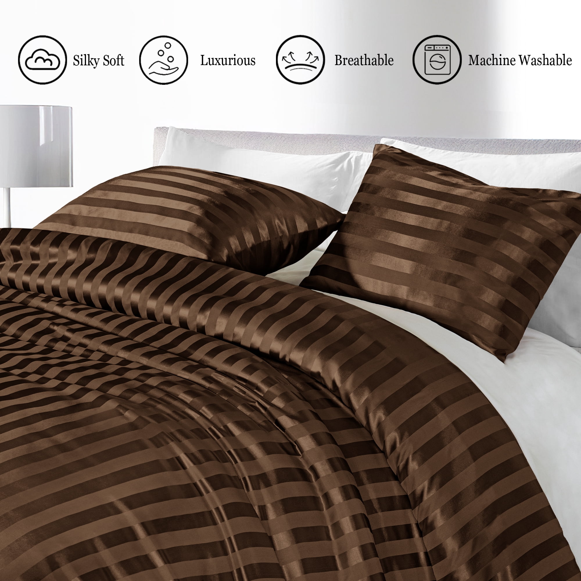 Whale Flotilla 3-Piece Luxury Stripe Satin Queen Size Comforter Set, Reversible Silky Soft Bedding Set with 2 Pillowcases, Lightweight All-Season Comforter, Brown