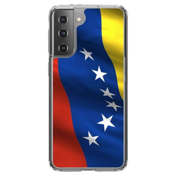 DistinctInk Clear Shockproof Hybrid Case for Galaxy S21 5G (6.2" Screen) - TPU Bumper, Acrylic Back, Tempered Glass Screen Protector - Venezuela Waving Flag Red Blue Yellow - Venezuela